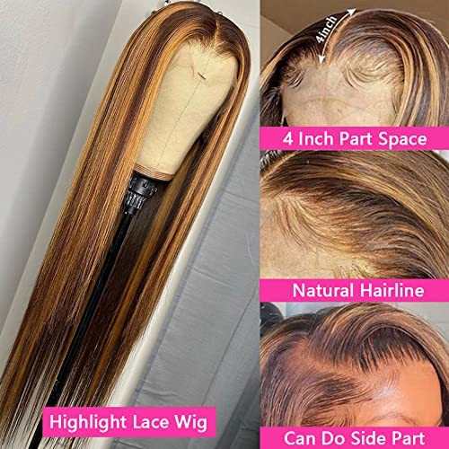 Highlight Lace Front Wig Human Hair Brazilian Human Remy Straight Hair Wig 4/27 Ombre Colored 13*4 Lace Highlight wig human hair lace front Pre Plucked Bleached Knots with Baby Hair for Black Women 150% Density