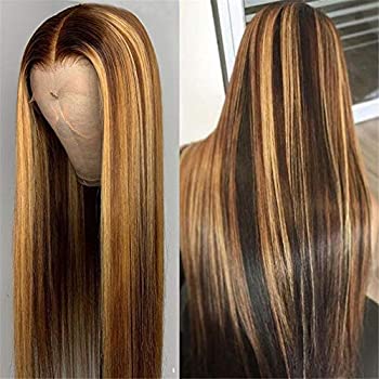 T Part Lace Front Wig Pre Plucked Straight Honey Blond Ombre Color Highlight 13X4X1 Lace Front Brazilian Virgin Human Hair Wigs with Baby Hair for Women 150% Density 8-28 Inch