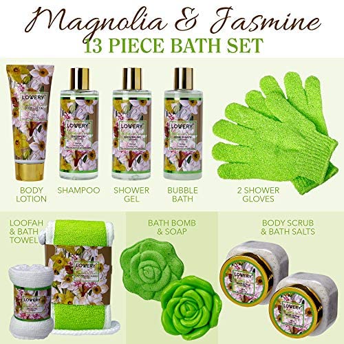Home Spa Gift Baskets For Women - Bath and Body Gift Basket – Magnolia and Jasmine Home Spa Set, Includes Fragrant Lotions, Bath Bomb, Towel, Shower Gloves, Green Wired Bread Basket & More - 13 Pc Set