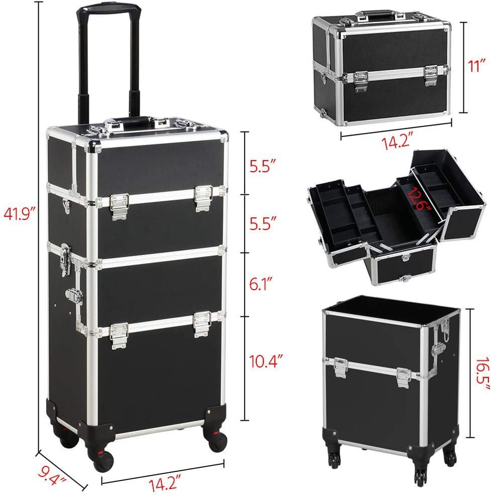 Yaheetech 3 in 1 Cosmetic Rolling Makeup Train Case Large Aluminum Trolley Makeup Travel Case Professional Rolling Cosmetic Beauty Storage, with 360° Swivel Wheels
