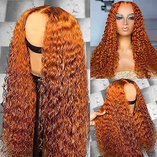 Dolahair Orange Ginger Color Lace Front Wig Human Hair 13X4 Curly Transparent Lace Frontal Wig middle part wig 150 Density (20 Inch)