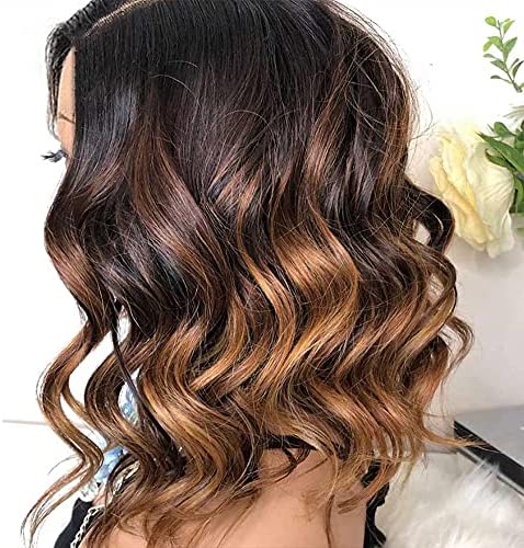 Derun 150% Density Highlight Short Wavy 13×6 Lace Front Wigs Human Hair Lace Frontal Wig 1B/30 Remy Hair for Women