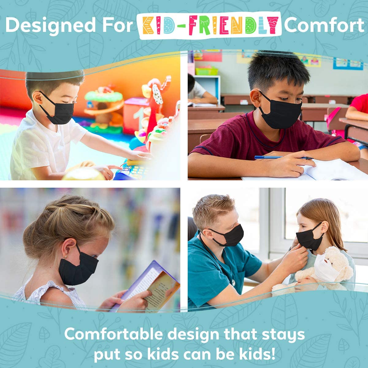 Face Masks for Kids (50 Pack) - Kids Face Mask, Premium Designed Kids Mask with Longer Earloops & Adjustable Metal Nose Strip, Disposable Black Face Mask