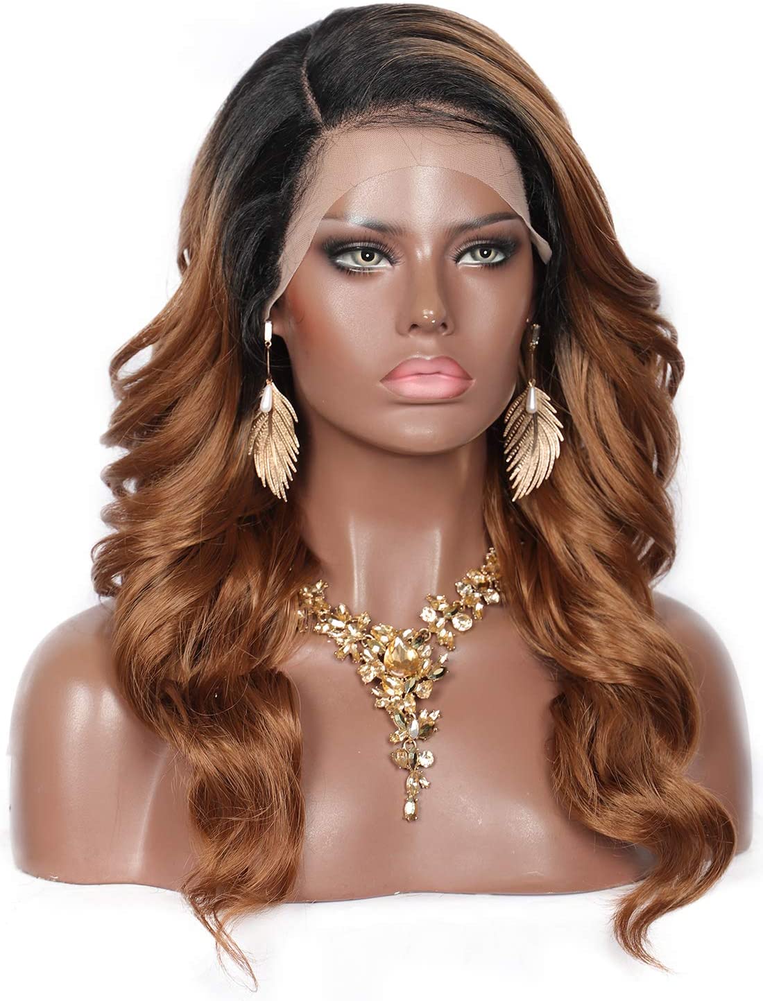 Kalyss 21" Swiss Lace Front Wigs with Baby Hair for Women Side Parted Long Curly Wavy Heat Resistant Japan-made Synthetic 5” Deep Lace Part Ombre Cooper Wigs