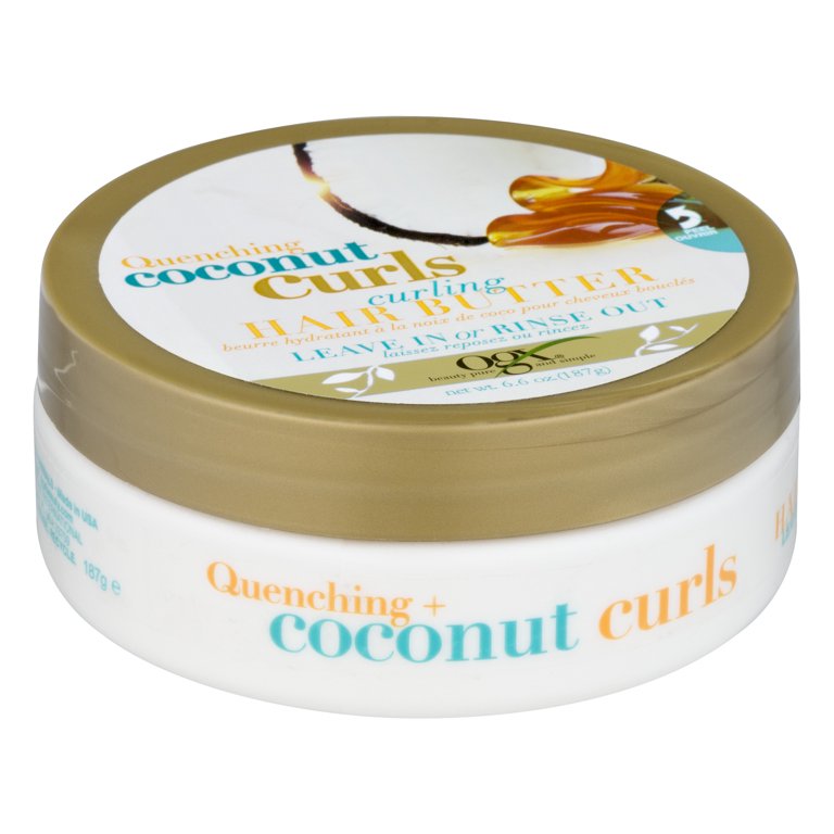 OGX Quenching + Coconut Curls Curling Hair Butter, Deep Moisture Leave-In Hair Mask & Treatment with Coconut Oil, Citrus Oil & Honey, Paraben-Free and Sulfated-Surfactants Free, 6.6 oz