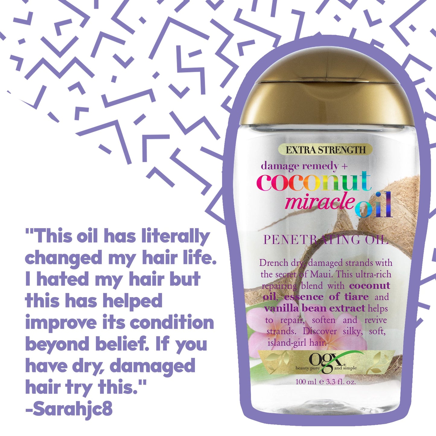 OGX Extra Strength Damage Remedy + Coconut Miracle Oil Penetrating Hair Oil Treatment, Extra Hydrating Anti-Frizz Oil for Coarse, Dry Hair, Paraben-Free, Sulfated-Surfactants Free, 3.3 oz