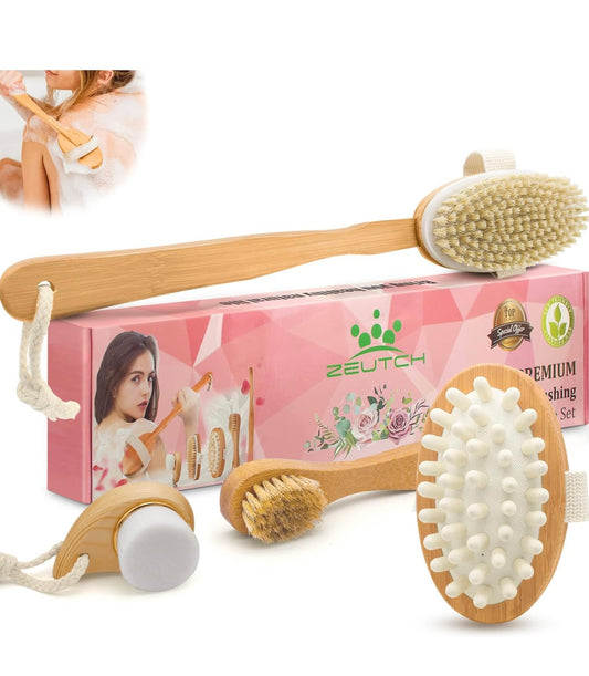 Premium Dry Brushing Body Brush Set for Lymphatic Drainage and Cellulite Treatment, Natural Boar Bristle Body Brush, Long Handle Body Brush, Face Cleansing Brush,Great Gift for A Glowing Skin, 5 Pack