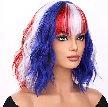 MAGQOO Blue Red White Wig Red Blue White Bob Wig 4th of July Wig Flag Wig White Red Blue with Bangs Short Curly Wavy Blue White Red Wig Cosplay Costume Wig
