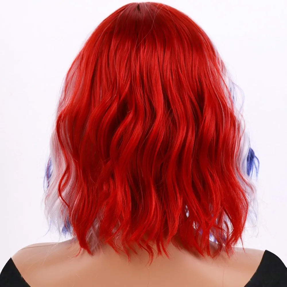 Short Red Curly Wavy Wig Synthetic Wavy Bob Wigs for Women Shoulder Length Natural Looking Wigs Heat Resistant Wig for Costume Party Daily Halloween Wear