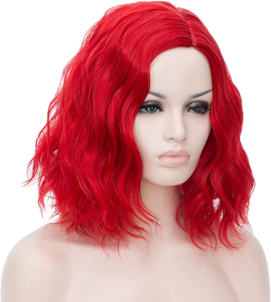 Short Red Curly Wavy Wig Synthetic Wavy Bob Wigs for Women Shoulder Length Natural Looking Wigs Heat Resistant Wig for Costume Party Daily Halloween Wear