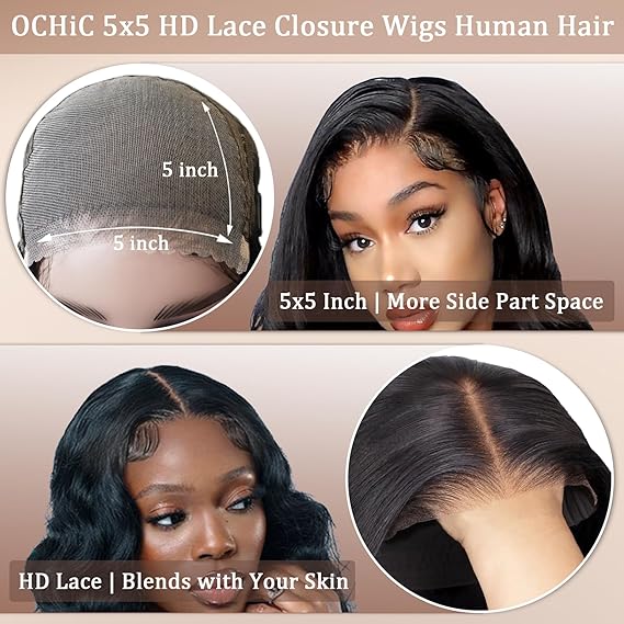 HD Lace Closure Wigs Human Hair 180% Density Ready to Wear Glueless Wigs Human Hair Pre Plucked Pre Cut Human Hair Glueless Wigs for Women with Baby Hair Natural Black