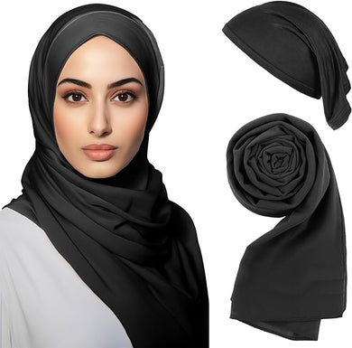 Hijab Scarves and Undercap Set, Chiffon Muslim Head Scarf For Women Islamic Solid Long Shawl Inner Hijab Cap