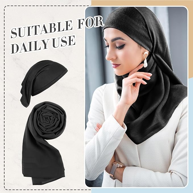 Hijab Scarves and Undercap Set, Chiffon Muslim Head Scarf For Women Islamic Solid Long Shawl Inner Hijab Cap