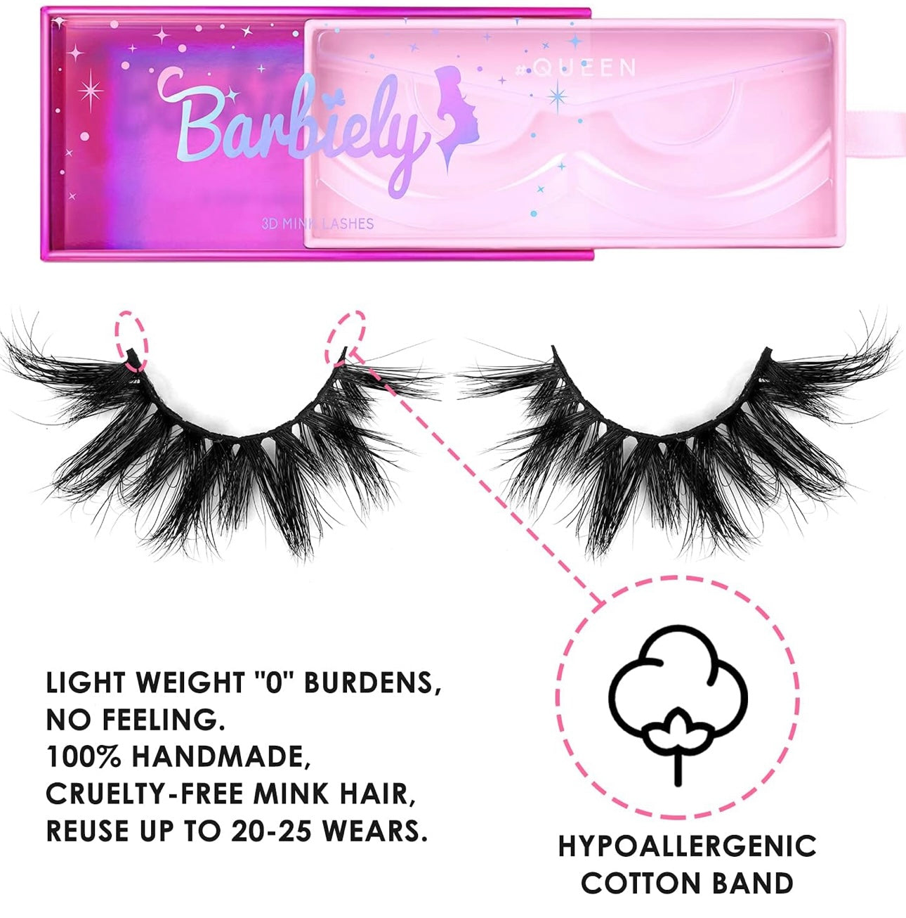 Barbiely 20mm Mink Lashes, 3D Real Mink Lashes, 3 Pairs Fluffy Dramatic False Eyelashes, 100% HandMade Mink Lshes, 6D Wispy Long Thick Full Volume Strip Eye Lashes, Cruelty Free(Party Time)