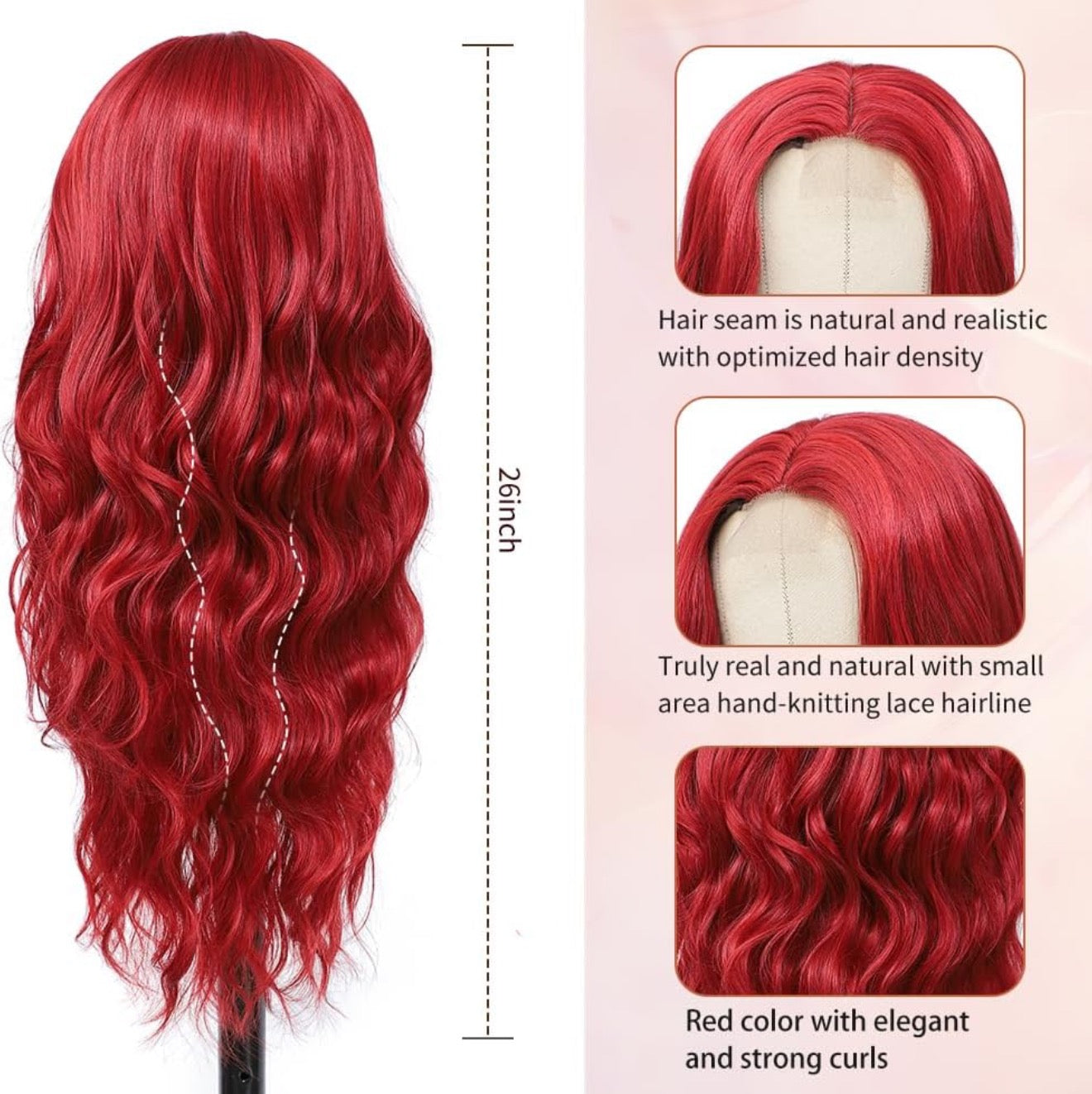 Long Red Wig for Women 26Inch Wavy Curly Wigs Synthetic Heat Resistant Hair Replacement Wig for Daily Party Halloween Costume