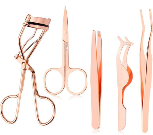 5 Pieces Eyelash Applicator Tool False Eyelashes Applicator Eyebrow Curler Eyebrow Scissors (Rose Golden)