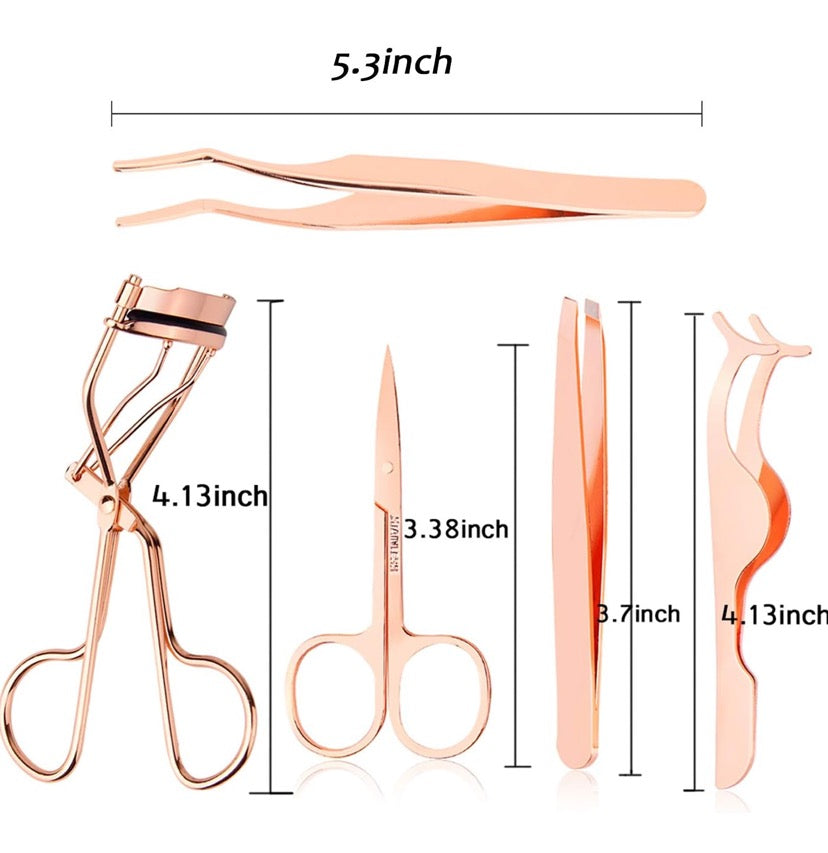 5 Pieces Eyelash Applicator Tool False Eyelashes Applicator Eyebrow Curler Eyebrow Scissors (Rose Golden)