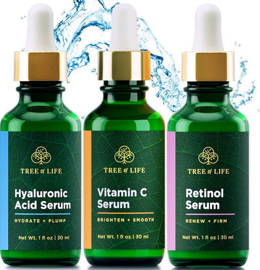 Tree of Life Facial Skin Care Set, Brightening, Firming, Hydrating, Dry Face, Dermatologist Tested - Trio Power Kit, Vitamin C, Retinol and Hyaluronic Acid, 3 count of 1 Fl Oz