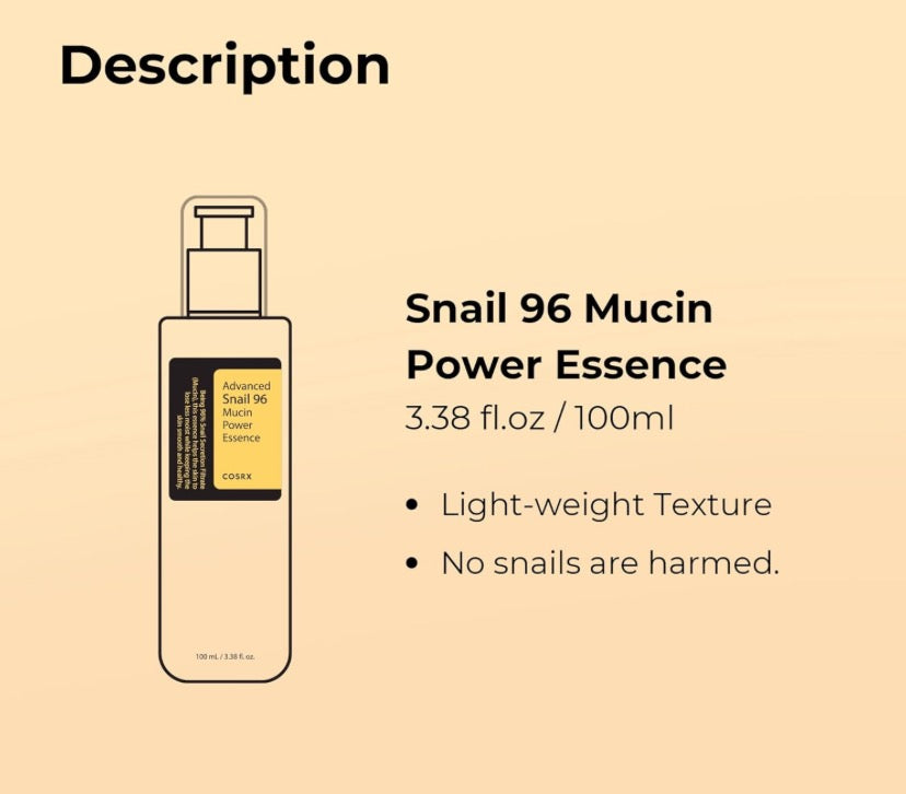 COSRX Snail Mucin 96% Power Repairing Essence 3.38 fl.oz 100ml, Hydrating Serum for Face with Snail Secretion Filtrate for Dull Skin & Fine Lines, Korean Skin Care