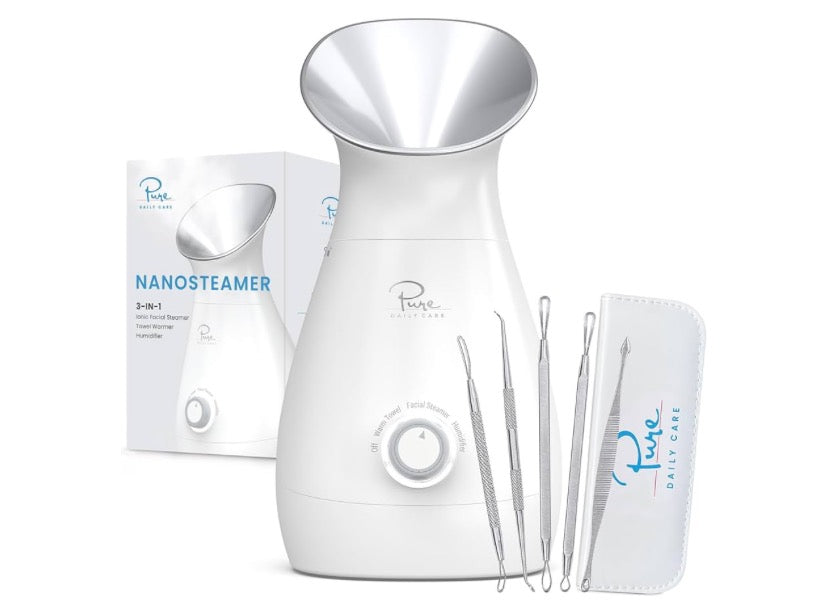 NanoSteamer Large 3-in-1 Nano Ionic Facial Steamer with Precise Temp Control - Humidifier - Unclogs Pores - Blackheads - Spa Quality - Bonus 5 Piece Stainless Steel Skin Kit