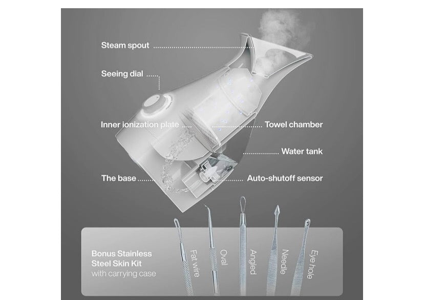 NanoSteamer Large 3-in-1 Nano Ionic Facial Steamer with Precise Temp Control - Humidifier - Unclogs Pores - Blackheads - Spa Quality - Bonus 5 Piece Stainless Steel Skin Kit