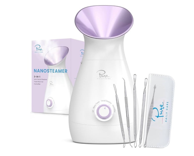 NanoSteamer Large 3-in-1 Nano Ionic Facial Steamer with Precise Temp Control - Humidifier - Unclogs Pores - Blackheads - Spa Quality - Bonus 5 Piece Stainless Steel Skin Kit