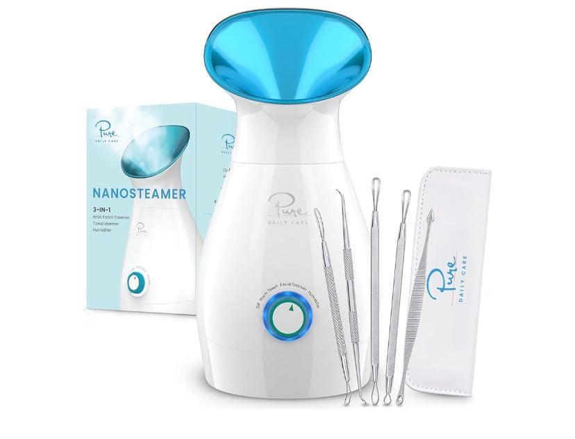 NanoSteamer Large 3-in-1 Nano Ionic Facial Steamer with Precise Temp Control - Humidifier - Unclogs Pores - Blackheads - Spa Quality - Bonus 5 Piece Stainless Steel Skin Kit