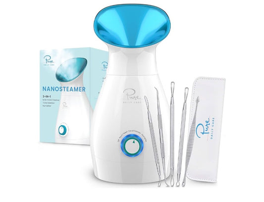 NanoSteamer Large 3-in-1 Nano Ionic Facial Steamer with Precise Temp Control - Humidifier - Unclogs Pores - Blackheads - Spa Quality - Bonus 5 Piece Stainless Steel Skin Kit