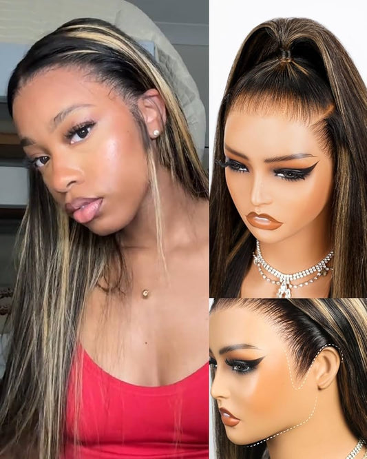 Glueless 13x6 Ombre Lace Front Wigs Human Hair Pre Plucked Pre Cut 220% Density Ear-to-Ear HD Lace Wig Highlight Drawstring Wig Human Hair