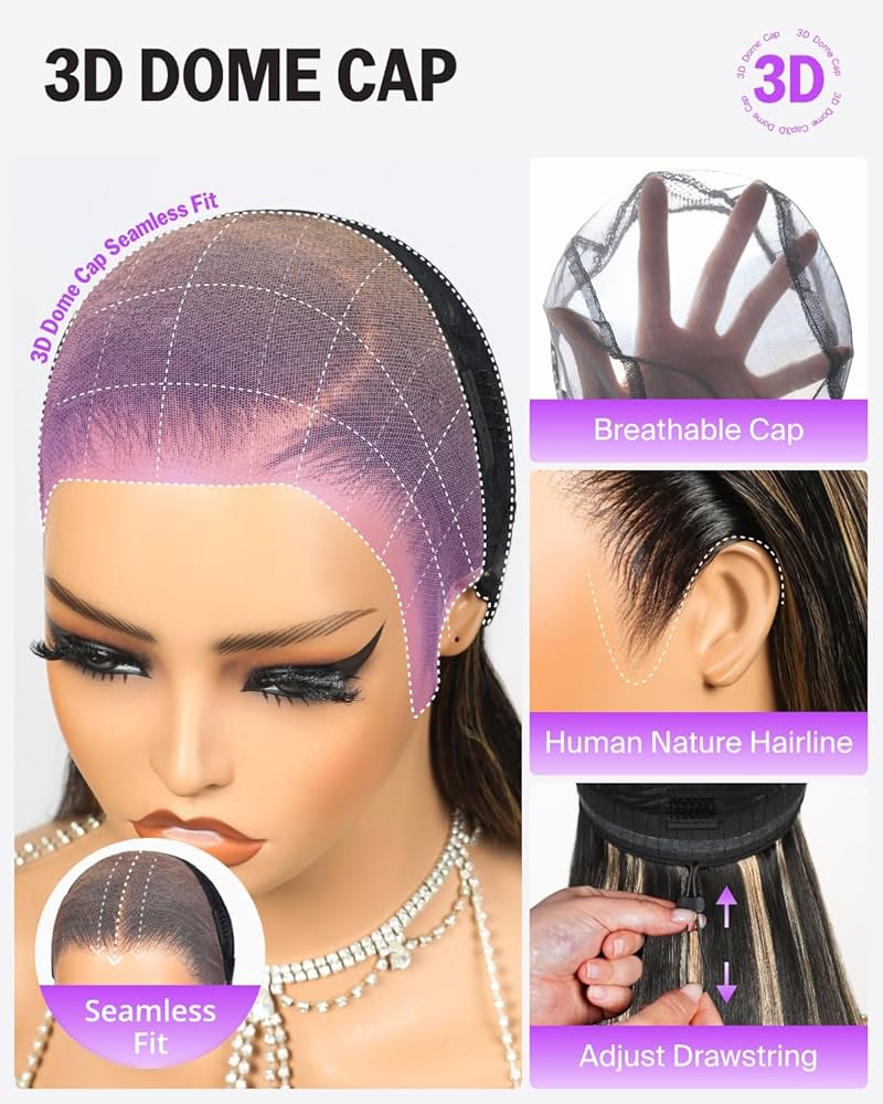 Glueless 13x6 Ombre Lace Front Wigs Human Hair Pre Plucked Pre Cut 220% Density Ear-to-Ear HD Lace Wig Highlight Drawstring Wig Human Hair
