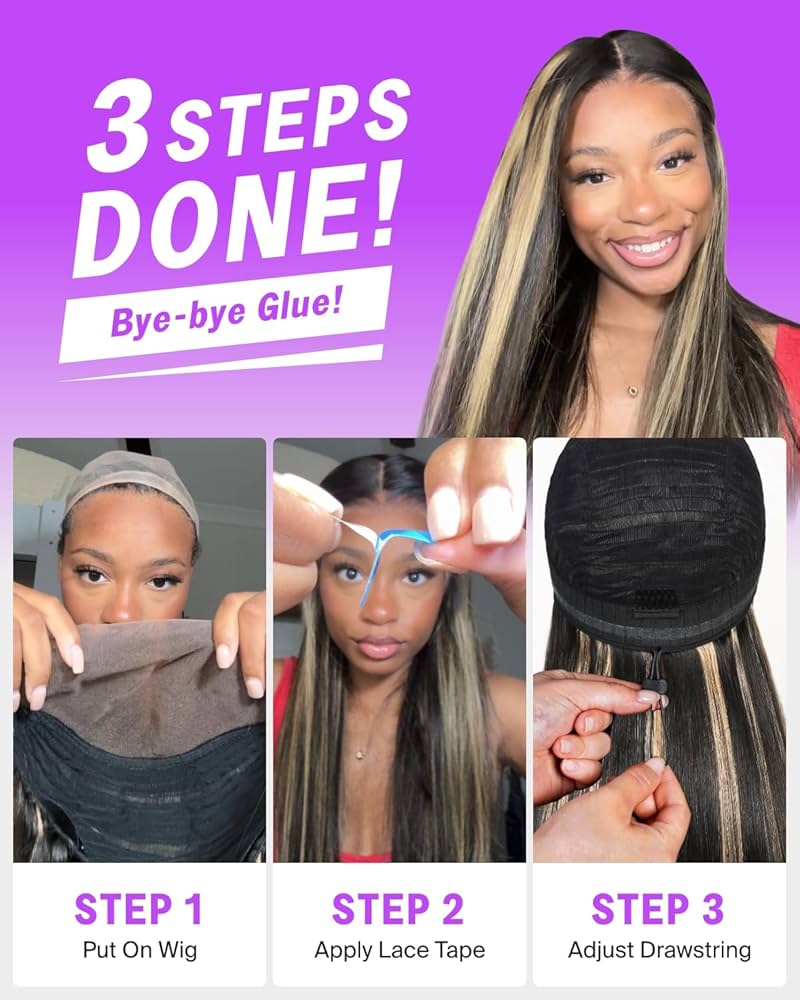 Glueless 13x6 Ombre Lace Front Wigs Human Hair Pre Plucked Pre Cut 220% Density Ear-to-Ear HD Lace Wig Highlight Drawstring Wig Human Hair