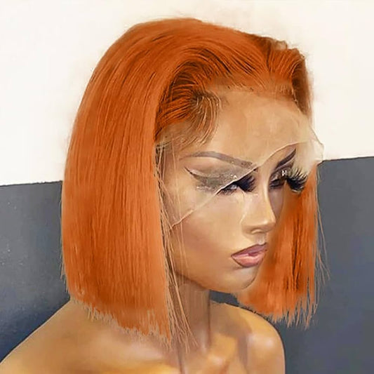 250% Density Ginger Bob Lace Front Wig Human Hair 13x4 Orange HD Lace Closure Human Hair Wig Pre Plucked with Baby Hair Short Ginger Straight Bob Colored Wig for Women