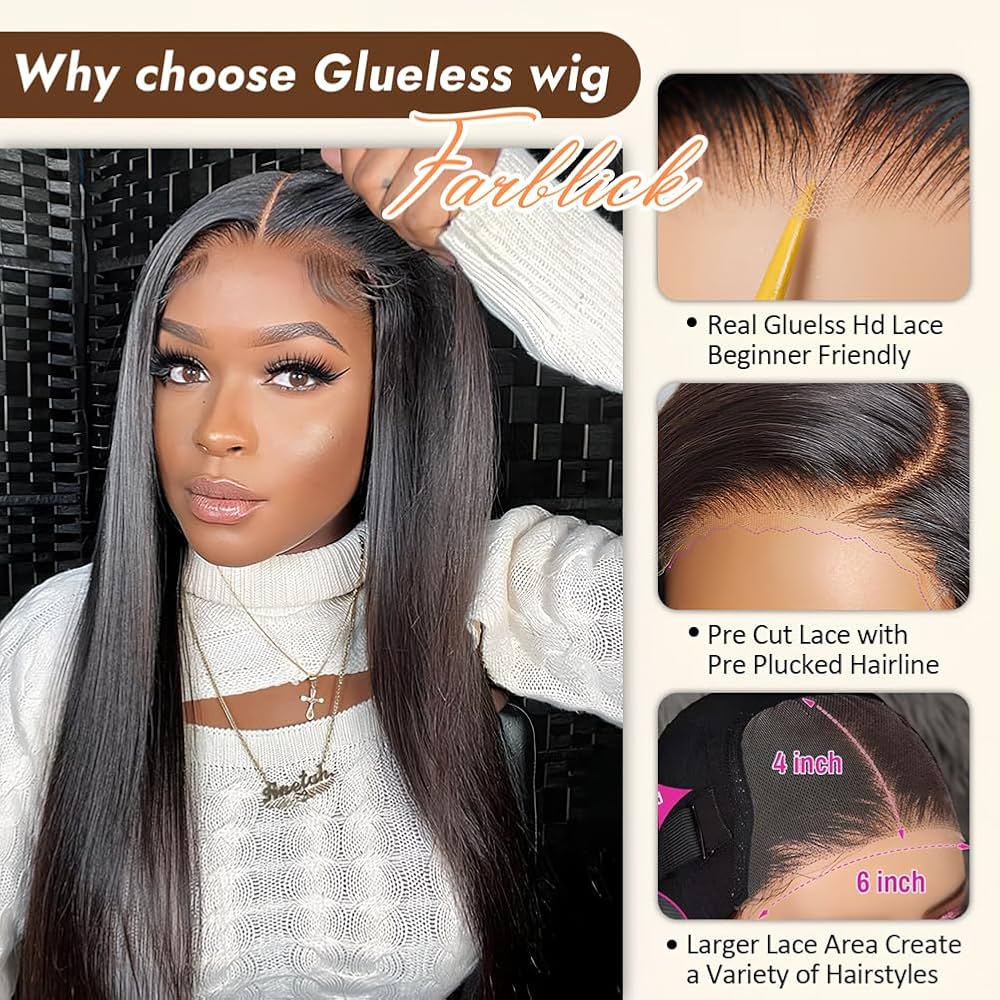 Wear and Go Glueless Wigs Human Hair Pre Plucked Pre Cut 6x4 Straight Lace Front Wigs Human Hair Wigs for Women No Glue Hd Lace Front Closure Ready to Wear Wigs 180% Density