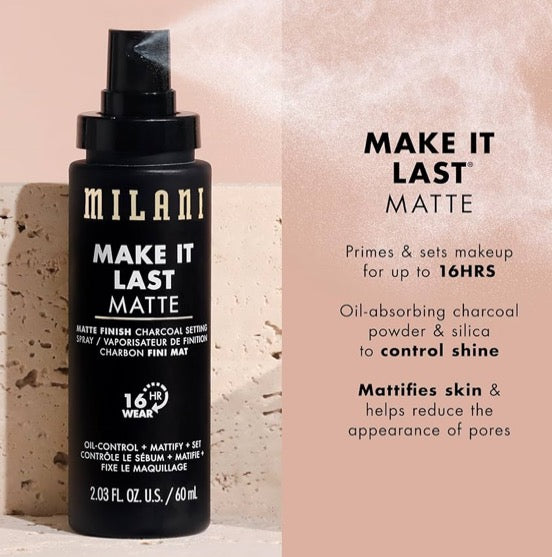 Milani Setting Spray + Primer, Make It Last Matte- Oil Absorbing Charcoal Formula to Control Shine, Matte Finish Setting Spray for Makeup and Primer for Oily Skin, Prime +Correct + Set, 2.03 Fl.