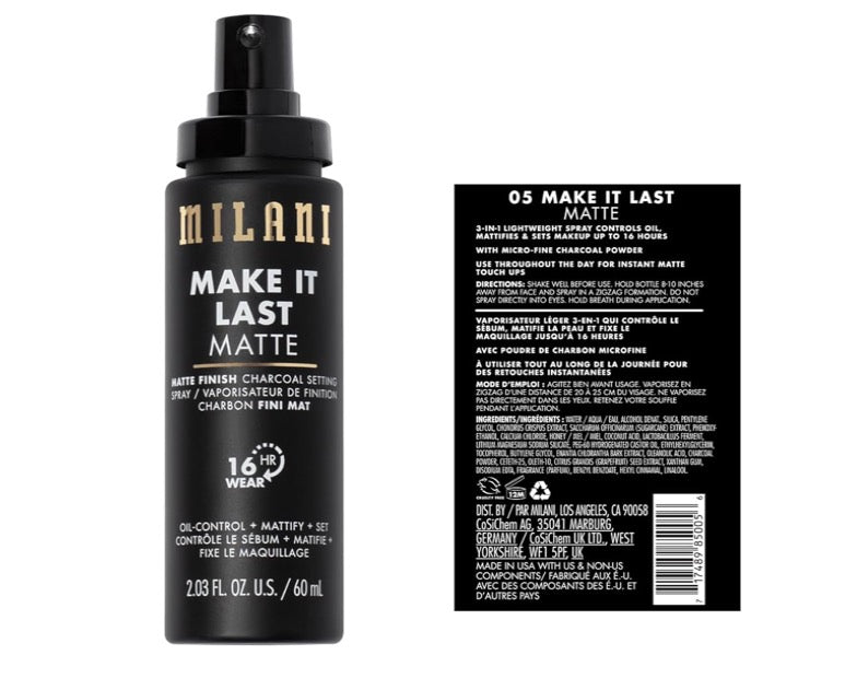 Milani Setting Spray + Primer, Make It Last Matte- Oil Absorbing Charcoal Formula to Control Shine, Matte Finish Setting Spray for Makeup and Primer for Oily Skin, Prime +Correct + Set, 2.03 Fl.