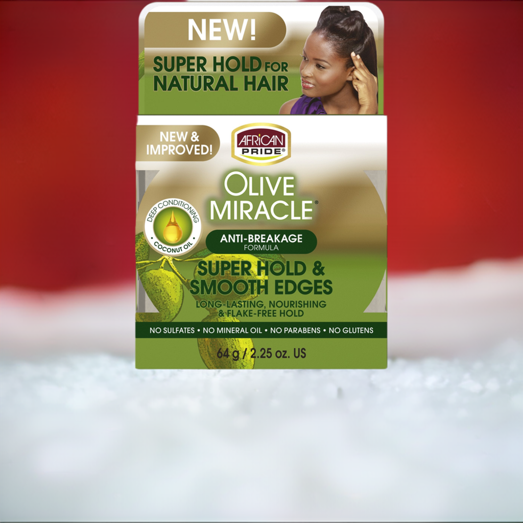 African Pride Olive Miracle Super Hold and Smooth Edges - For Wavy, Curly, Coily, Relaxed, Locs & Protective Styles. Contains Olive & Coconut Oil, 2.25 Oz.