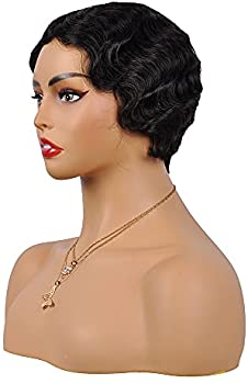 YOLANFAIRY Pixie Cut Wigs For Black Women Short Mommy Wig Brazilian Human Hair Wigs Finger Ocean Wave Wig Remy Human Hair Wig