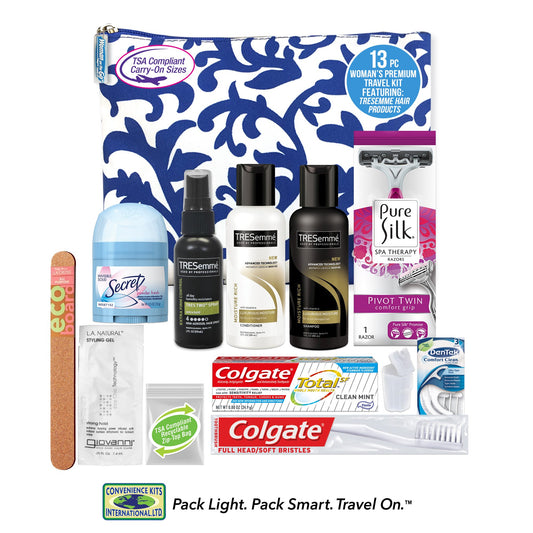 Convenience Kits International Women's Premium 13 PC Assembled Kit, TSA Compliant, in Reusable Toiletry Bag w/Handle, Featuring: TRESemme Hair Products