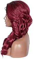Kalyss 21" Swiss Lace Front Wigs with Baby Hair for Women Side Parted Long Curly Wavy Heat Resistant Japan-made Synthetic 5” Deep Lace Part Ombre Burgundy Red Wigs