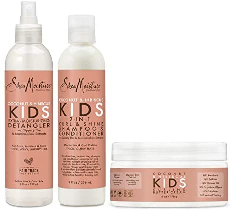 SheaMoisture Kids Shampoo, Detangler and Cream For Moisture and Shine Coconut and Hibiscus Sulfate Free Kids Shampoo and Conditioner, 3.0 Count