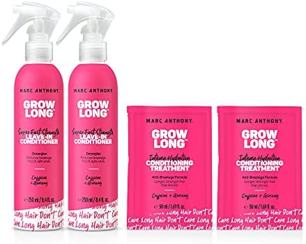 Marc Anthony Grow Long Leave In Conditioner and Hair Treatment Mask Bundle - Biotin & Vitamin E Dorm Room Essentials Hair Care Gift Set for Women - 2 Leave In Conditioner Sprays, 2 Travel Hair Masks