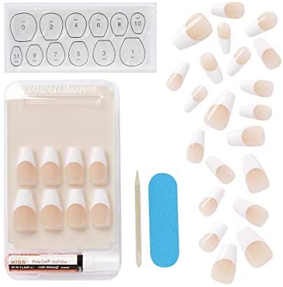 KISS Salon Acrylic French Nail Manicure Set, Medium Length, Square, “Je T'aime”, Nail Kit Includes Pink Gel Nail Glue (Net Wt. 2 g / 0.07oz.), Mini File, Manicure Stick, and 28 Fake Nails