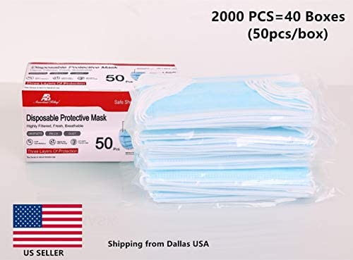 2000 PCS Bulk Blue Face Masks (40 Boxes, 50pcs/Box), Non Woven Thick 3-Layers Breathable Facial Masks with Adjustable Earloop, Mouth and Nose Cover