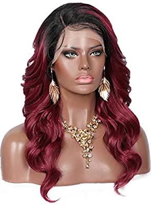 Kalyss 21" Swiss Lace Front Wigs with Baby Hair for Women Side Parted Long Curly Wavy Heat Resistant Japan-made Synthetic 5” Deep Lace Part Ombre Burgundy Red Wigs