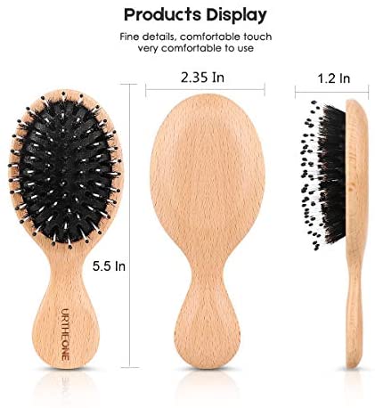 Hair Brush Mini Boar Bristle Hairbrush for Thick Curly Thin Long Short Wet or Dry Hair Detangle Massage Add Shine, Pocket Travel Small Paddle Hair Brush for Men Women Kids