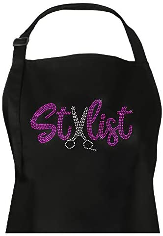 Black Hair Stylist Salon Bib Apron With Rhinestone Scissor Design For Cosmetologist or at Home Hair Cutting, 3 Pockets Long Ties and Adjustable Neck