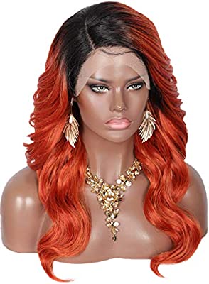 Kalyss 21" Swiss Lace Front Wigs with Baby Hair for Women Side Parted Long Curly Wavy Heat Resistant Japan-made Synthetic 5” Deep Lace Part Ombre Burgundy Red Wigs