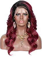 Kalyss 21" Swiss Lace Front Wigs with Baby Hair for Women Side Parted Long Curly Wavy Heat Resistant Japan-made Synthetic 5” Deep Lace Part Ombre Burgundy Red Wigs