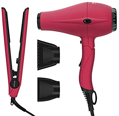 PARWIN Professional Hair Styling Set -Foldable 1875W Ion Hair Dryer and Tourmaline Hair Straightener Thermostat Flat Iron Set (Pink