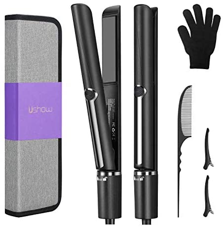 USHOW Professional Salon Hair Straightener and Curler 2 in 1 Curlling Iron Tourmaline Ceramic Flat Iron for Hair Styling with Adjustable Temperature of 230℉-450℉, 1 inch Plate